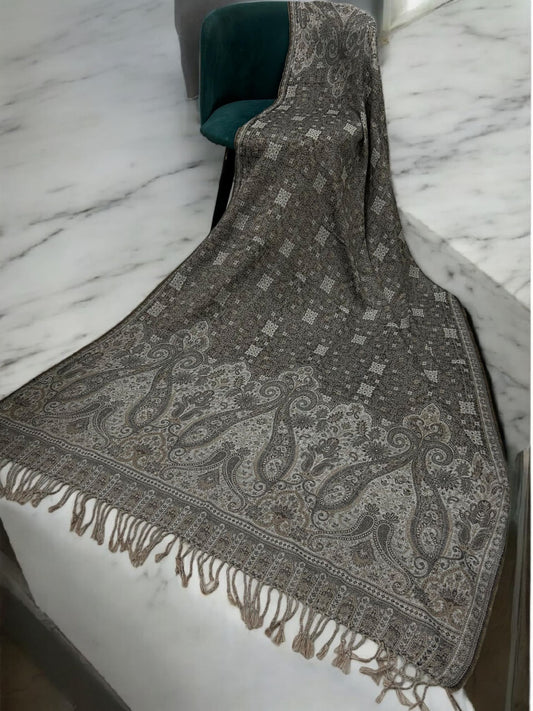 Threadwork Paisley Pashmina Shawl - Matcha Grey White
