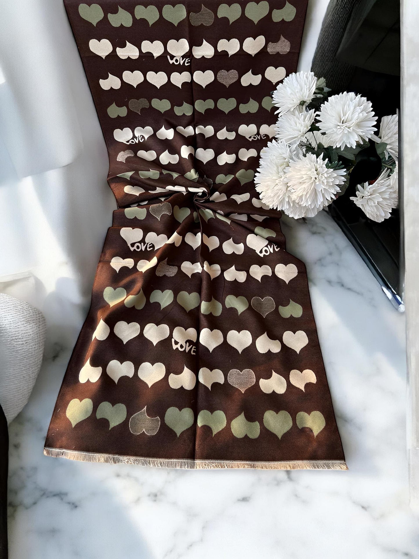 Luxury Branded Wool Scarf - Brown Hearts