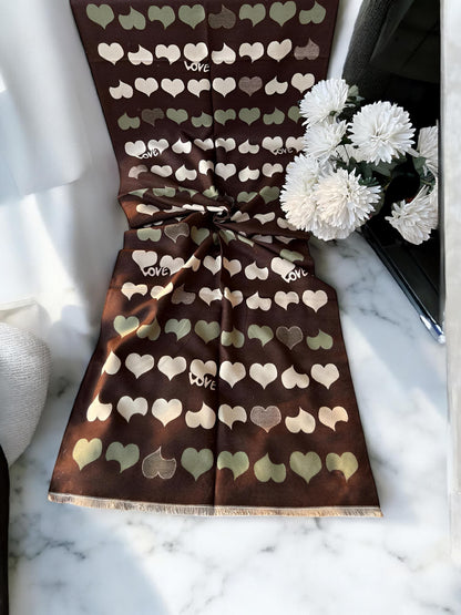 Luxury Branded Wool Scarf - Brown Hearts