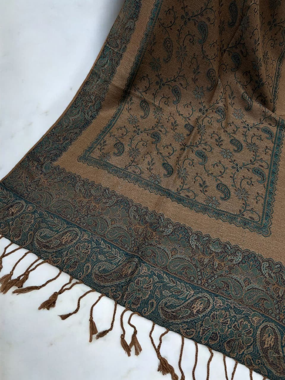 Beige Teal Blue two-tone Paisley Pashmina Hijab