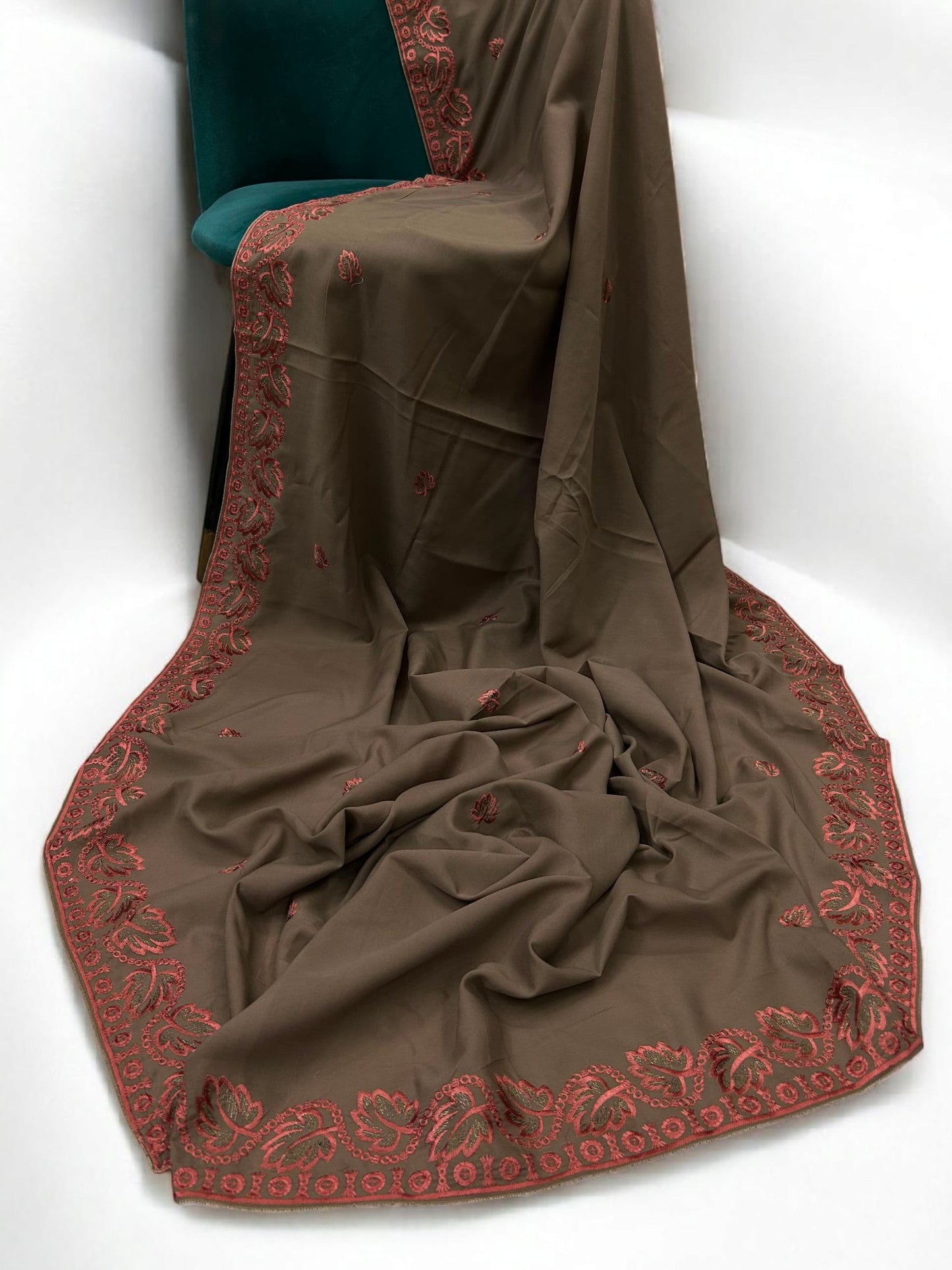 Brown Coral Leaflets Fancy Embroidered Shaal