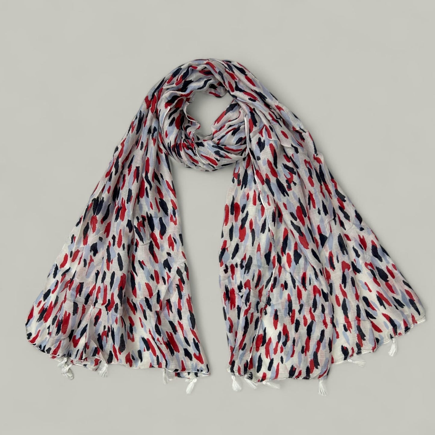 White Red Shapes Printed Lawn Tassel Hijab