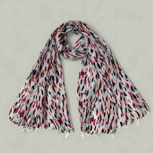 White Red Shapes Printed Lawn Tassel Hijab