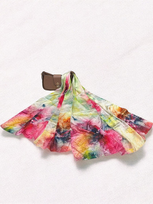 Large Satin Silk Scarf - Pink Green Abstract Shades