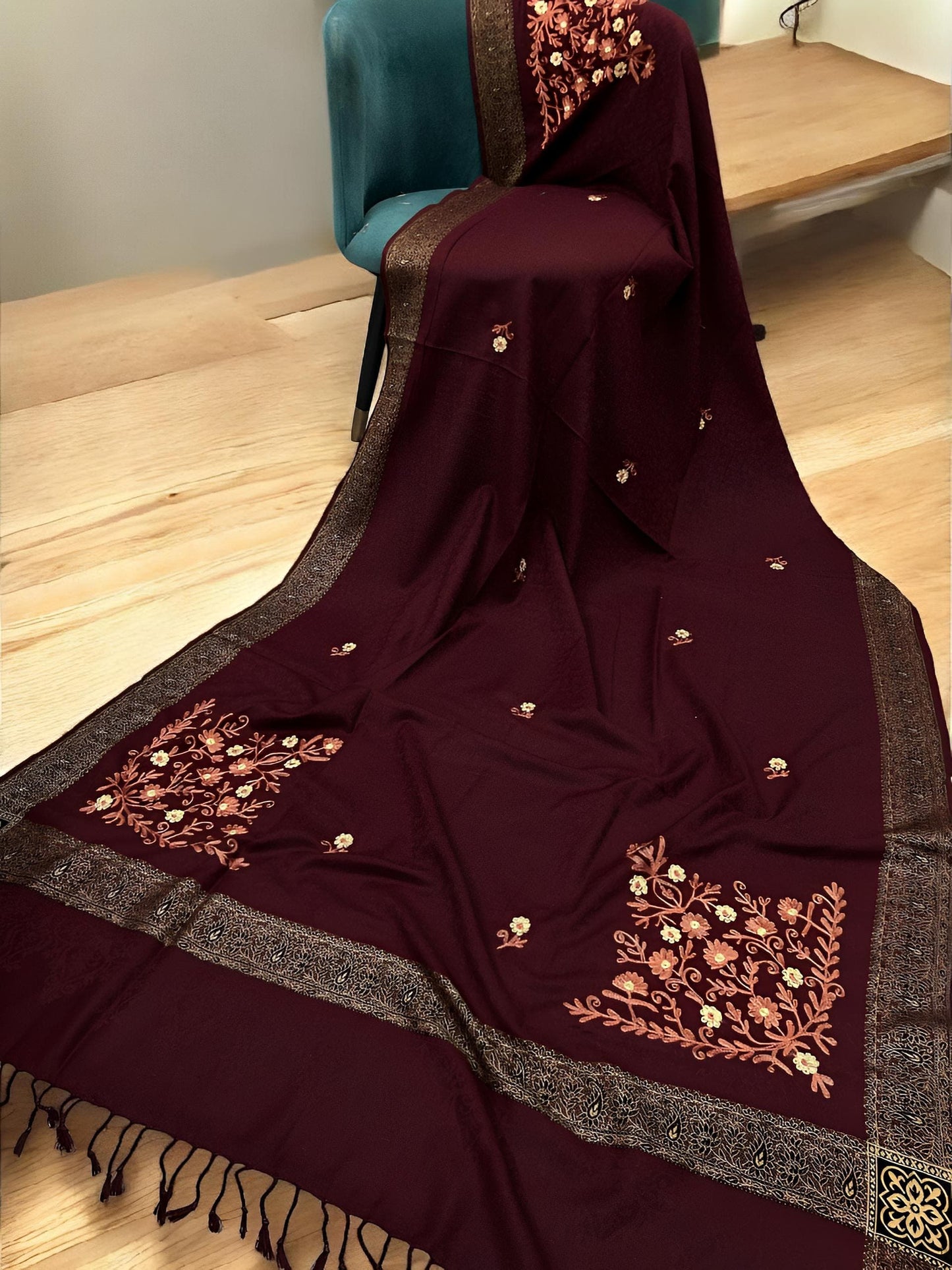 Maroon Gold Border Embroidered Peach Floral Pashmina Shawl