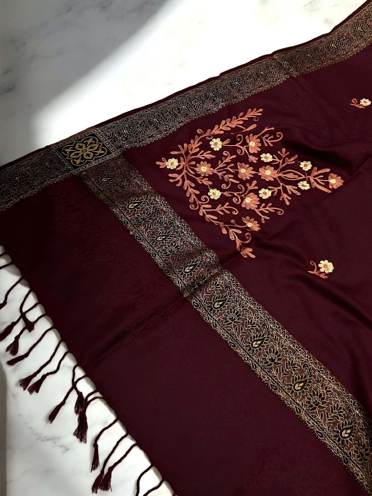 Maroon Gold Border Embroidered Peach Floral Pashmina Shawl