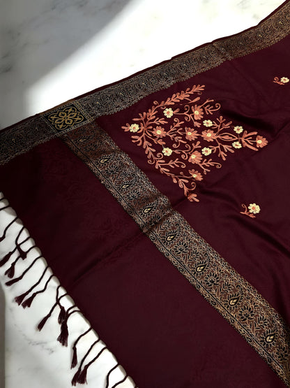 Maroon Gold Border Embroidered Peach Floral Pashmina Shawl