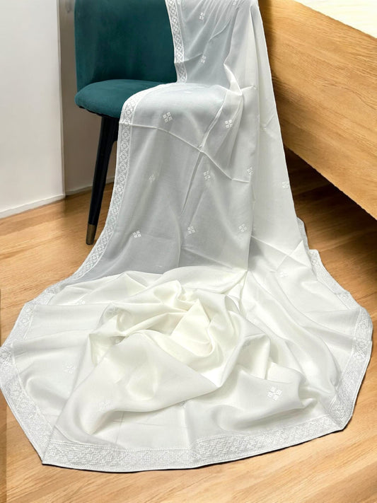 Cream White Double Embroidered Border Shaal