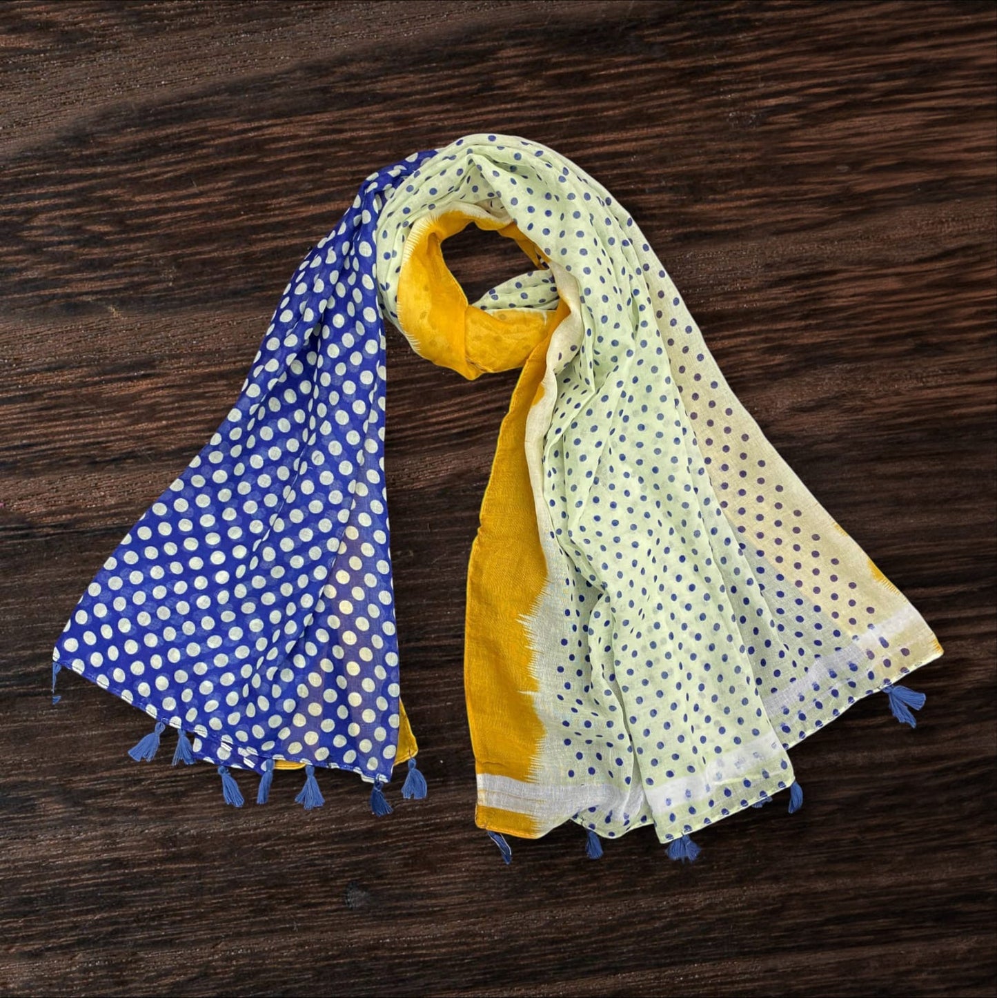 Cream Blue Polka Printed Lawn Tassel Hijab