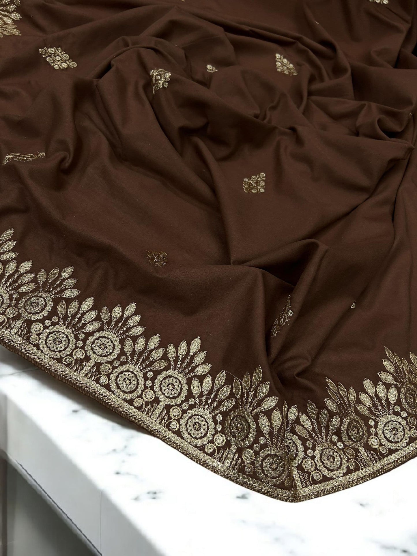 Brunette Gold Floral Sequence Bridal Embroidered Shaal