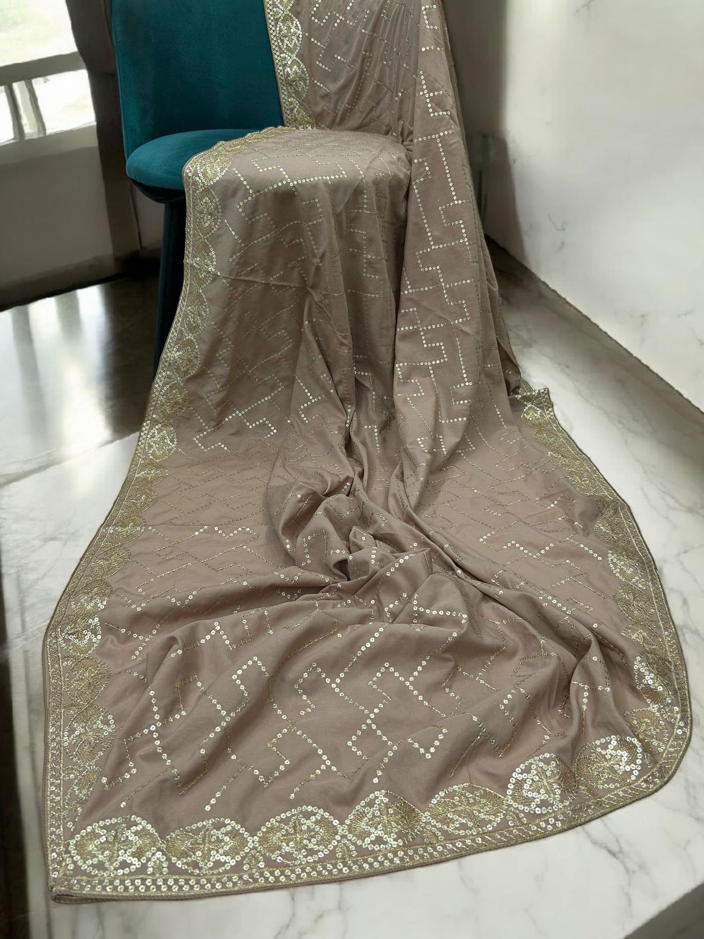 Dusky Rose Gold Sequence Bridal Embroidered Shaal