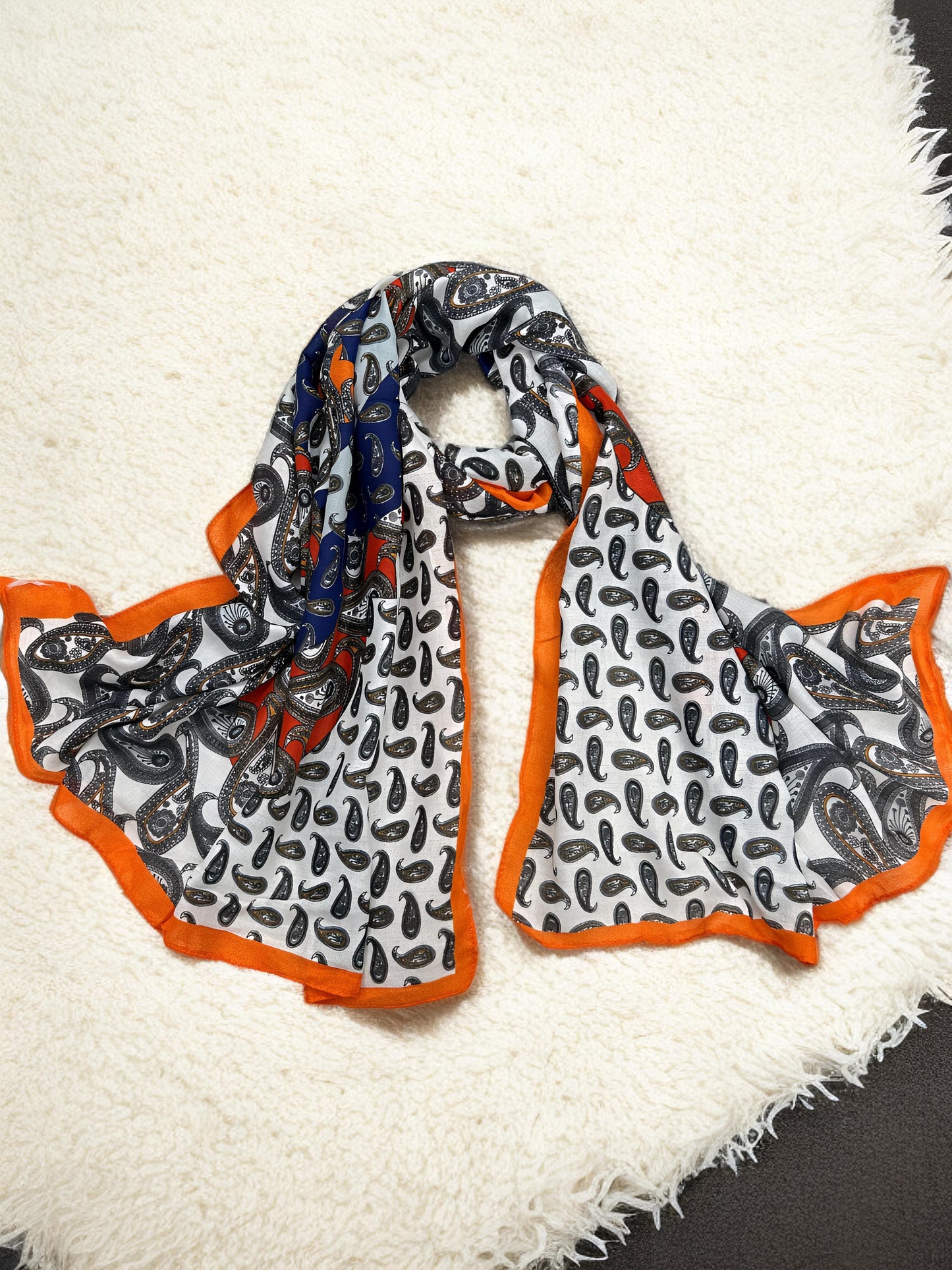 White Blue Paisleys Printed Modal Hijab