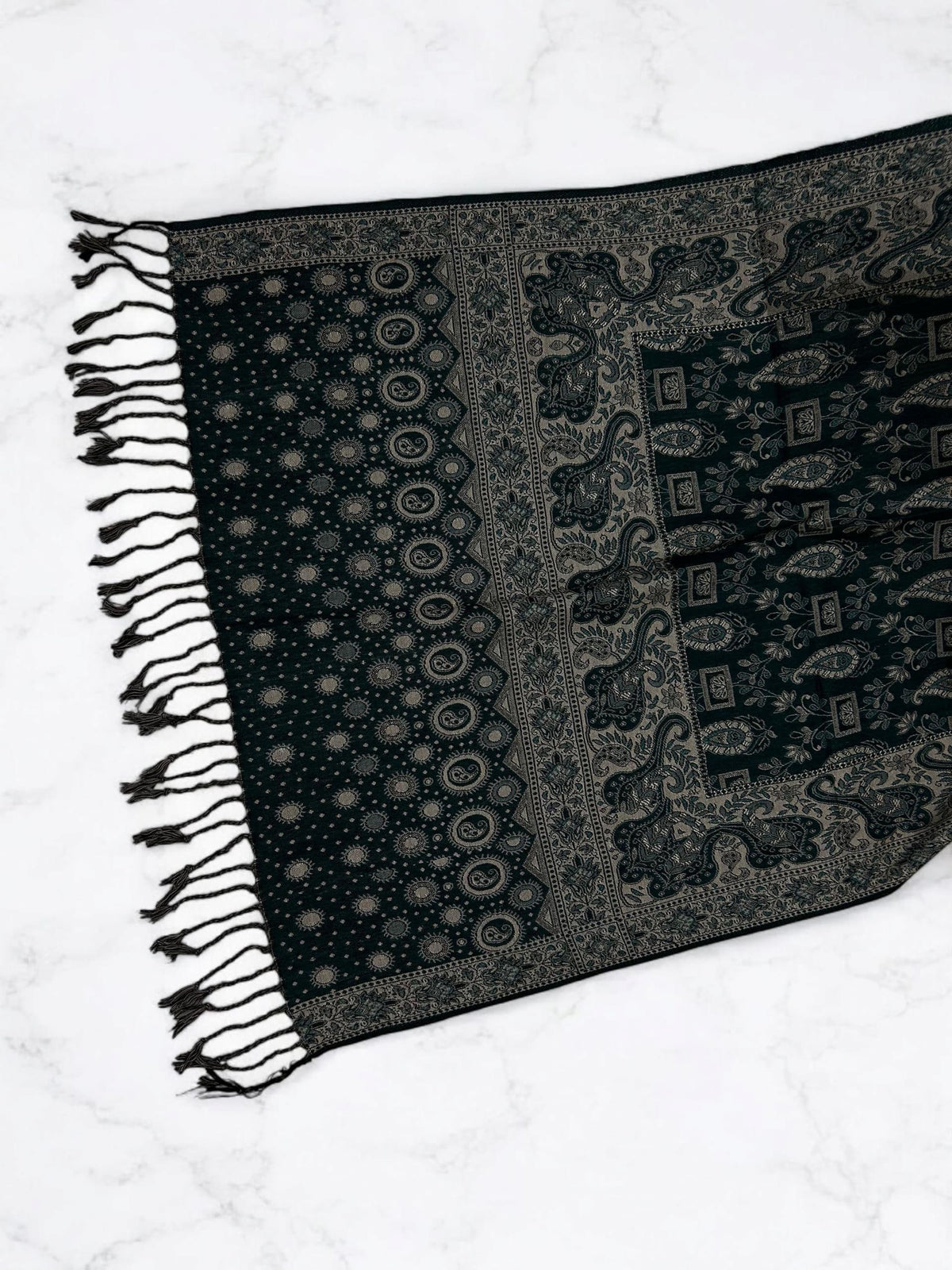 Bottle Green Beige Dotted Two-tone Paisley Pashmina Hijab