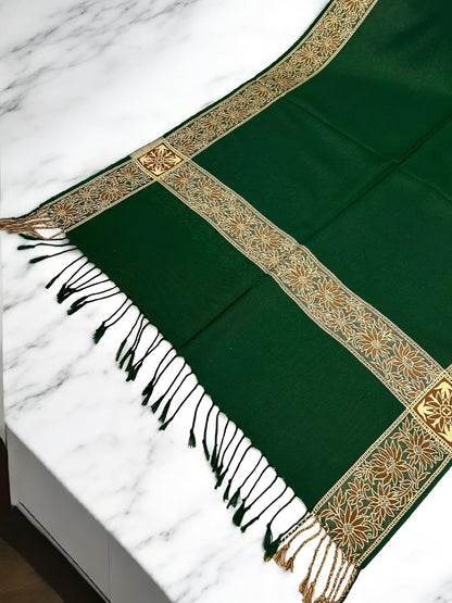 Green Plain Paisleys Border Pashmina Hijab