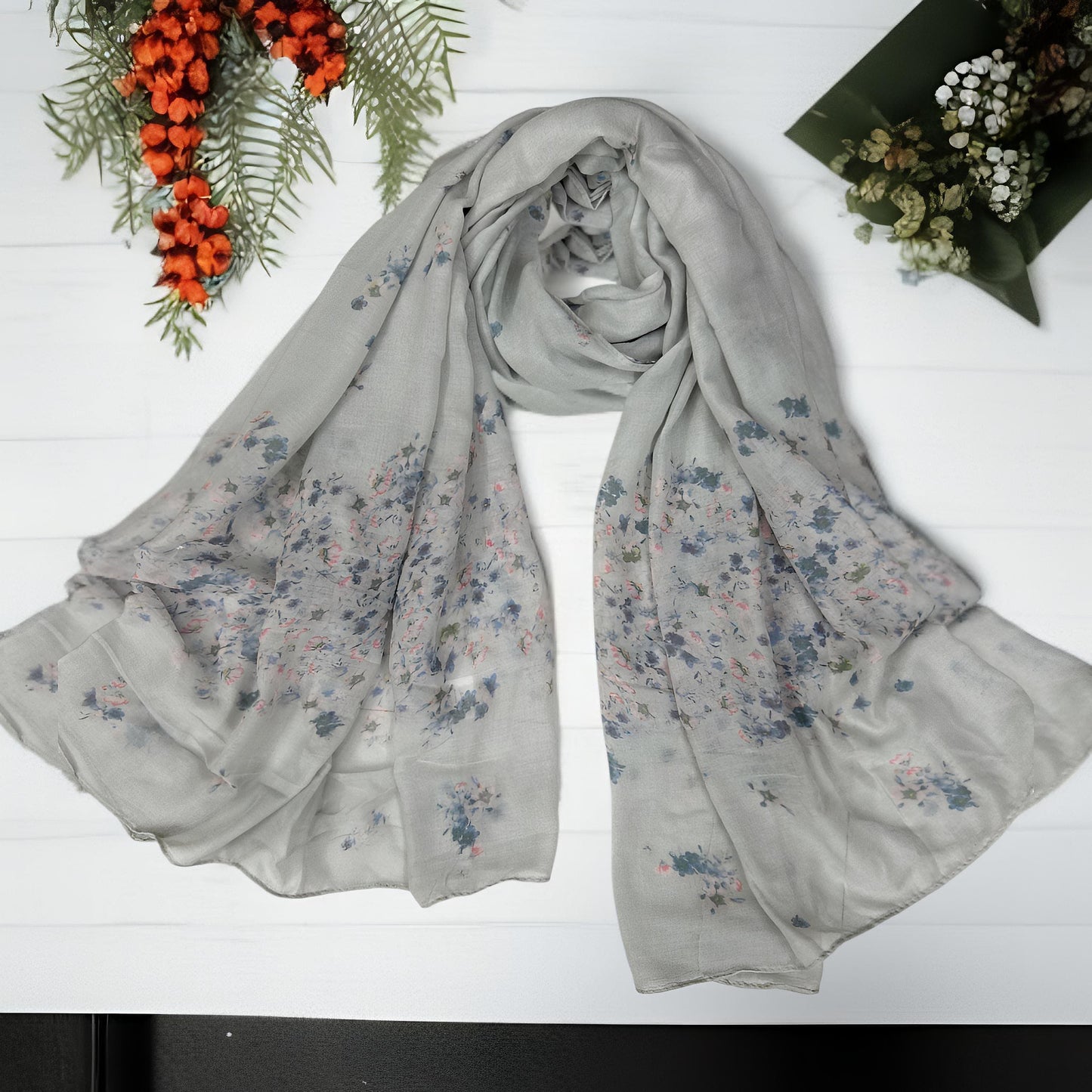 Silver Cherry Blossoms Printed Modal Hijab