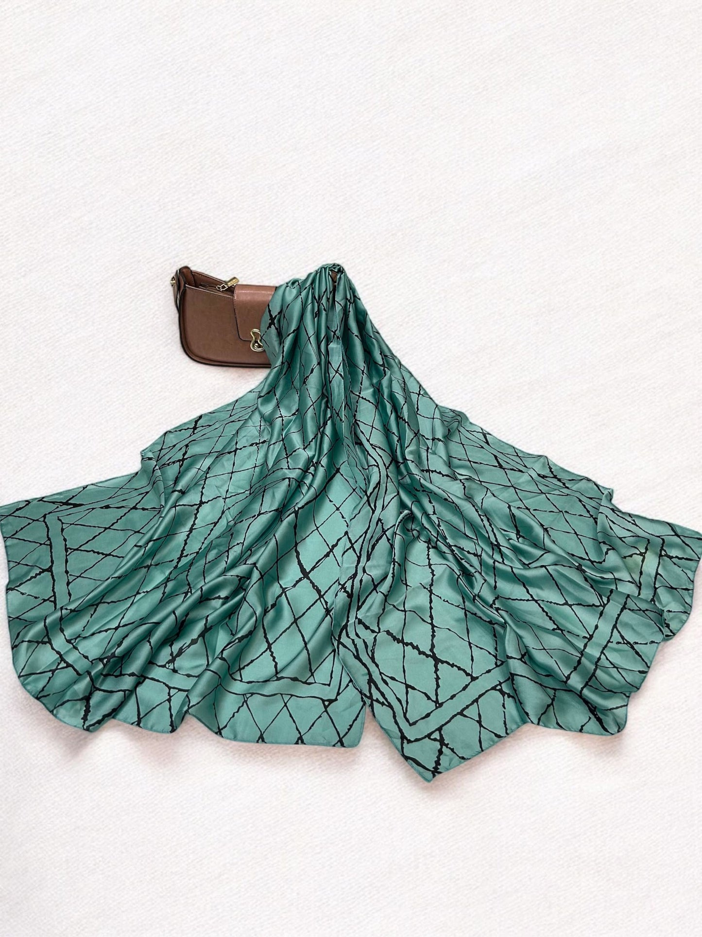 Large Satin Silk Scarf - Turquoise Diamond Check