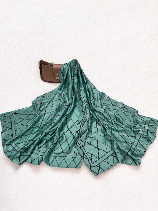 Large Satin Silk Scarf - Turquoise Diamond Check
