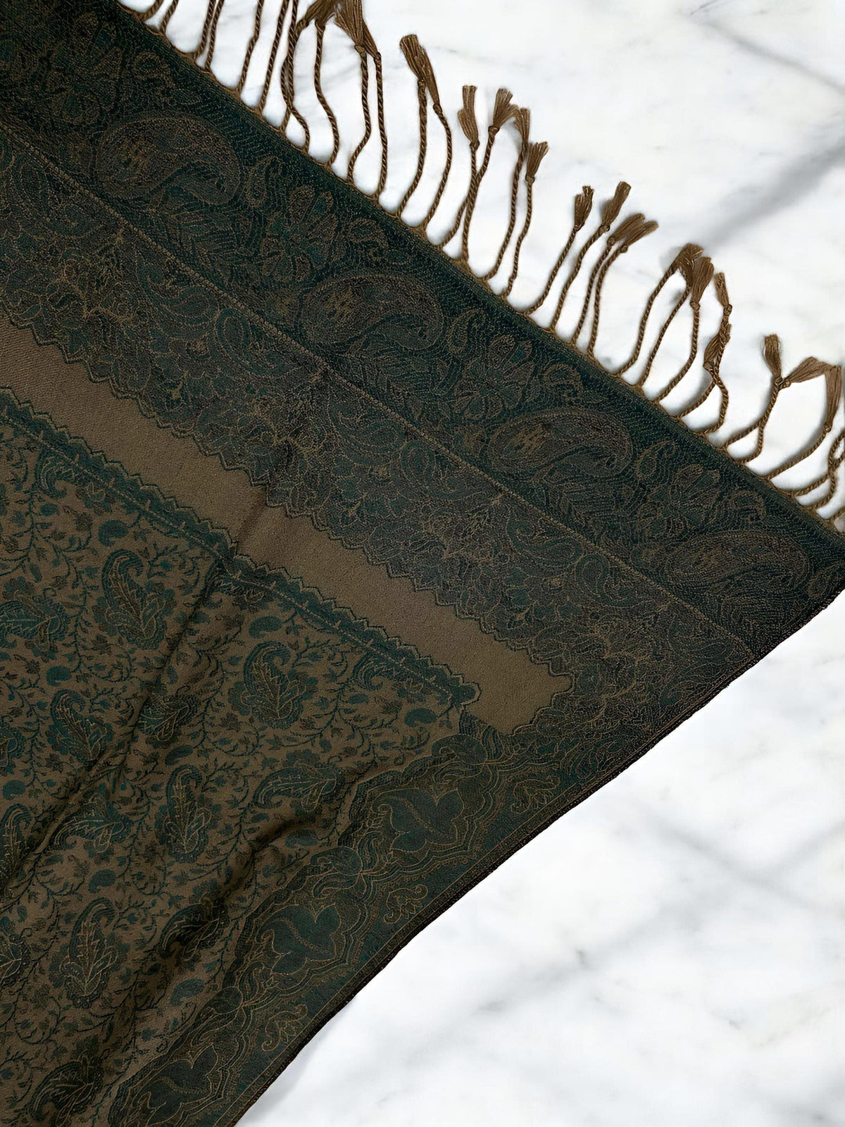 Sage Green Beige Border Paisleys Two-Tone Pashmina Hijab
