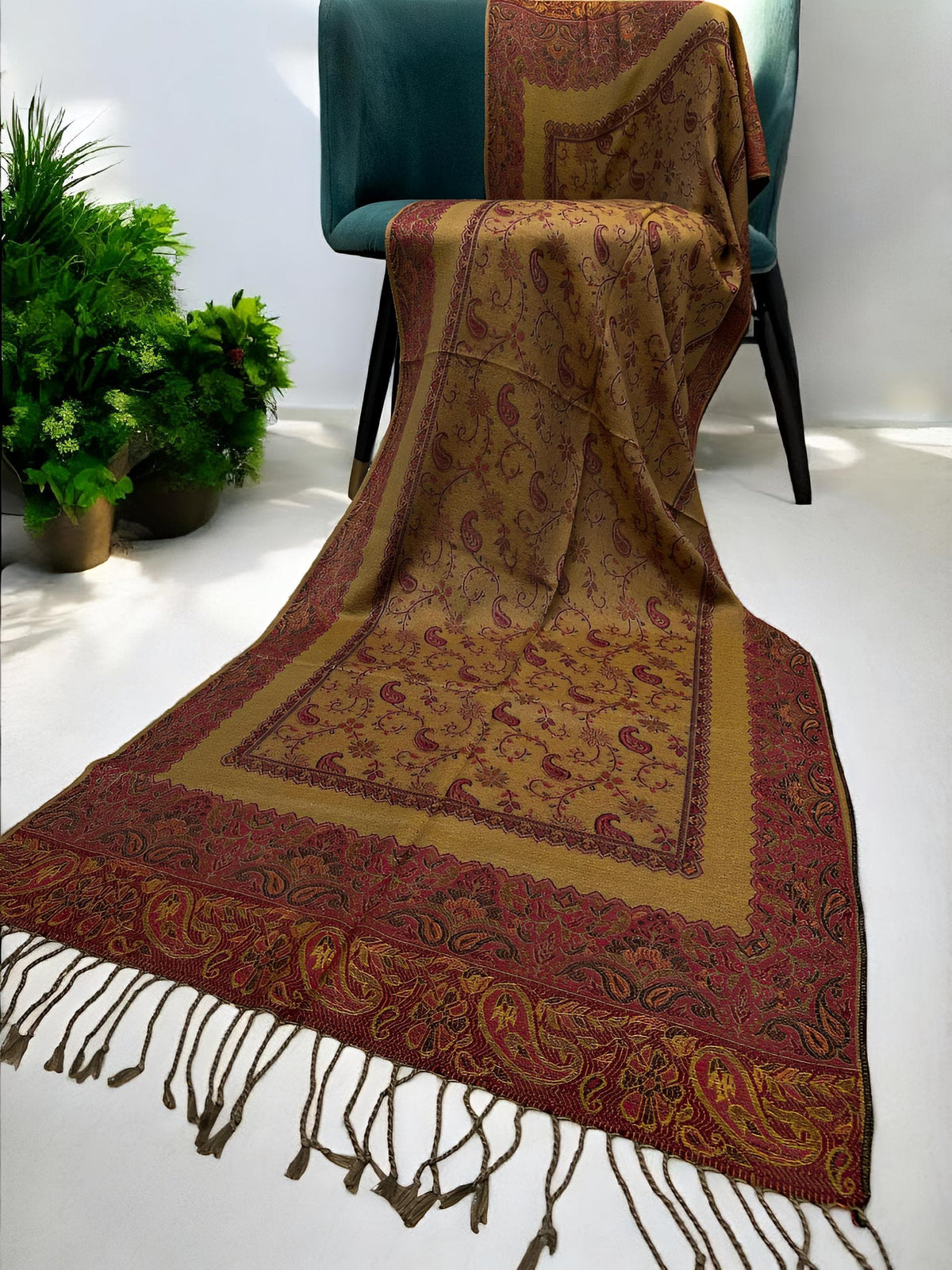 Peanut Brown Barbie Pink Border Paisleys Two-Tone Pashmina Hijab