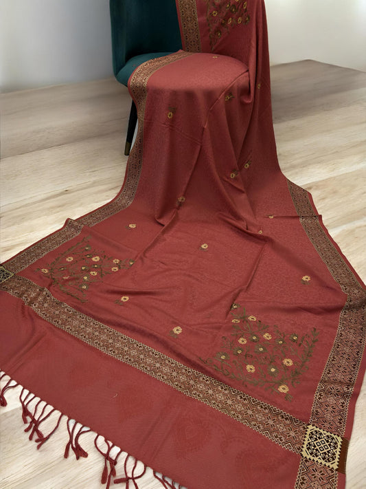 Vermilion Cream Border Embroidered Bronze Floral Pashmina Shawl