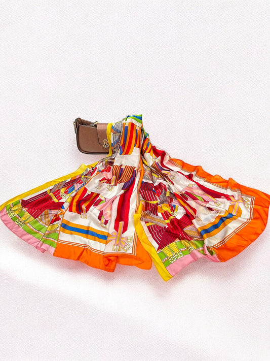 Large Satin Silk Scarf - Orange Multi Stripes