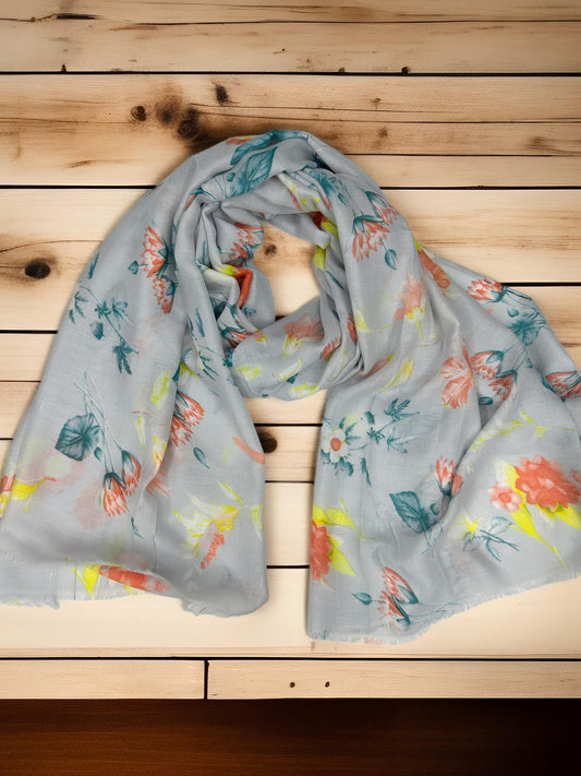 Silver Orange Floral Printed Modal Hijab