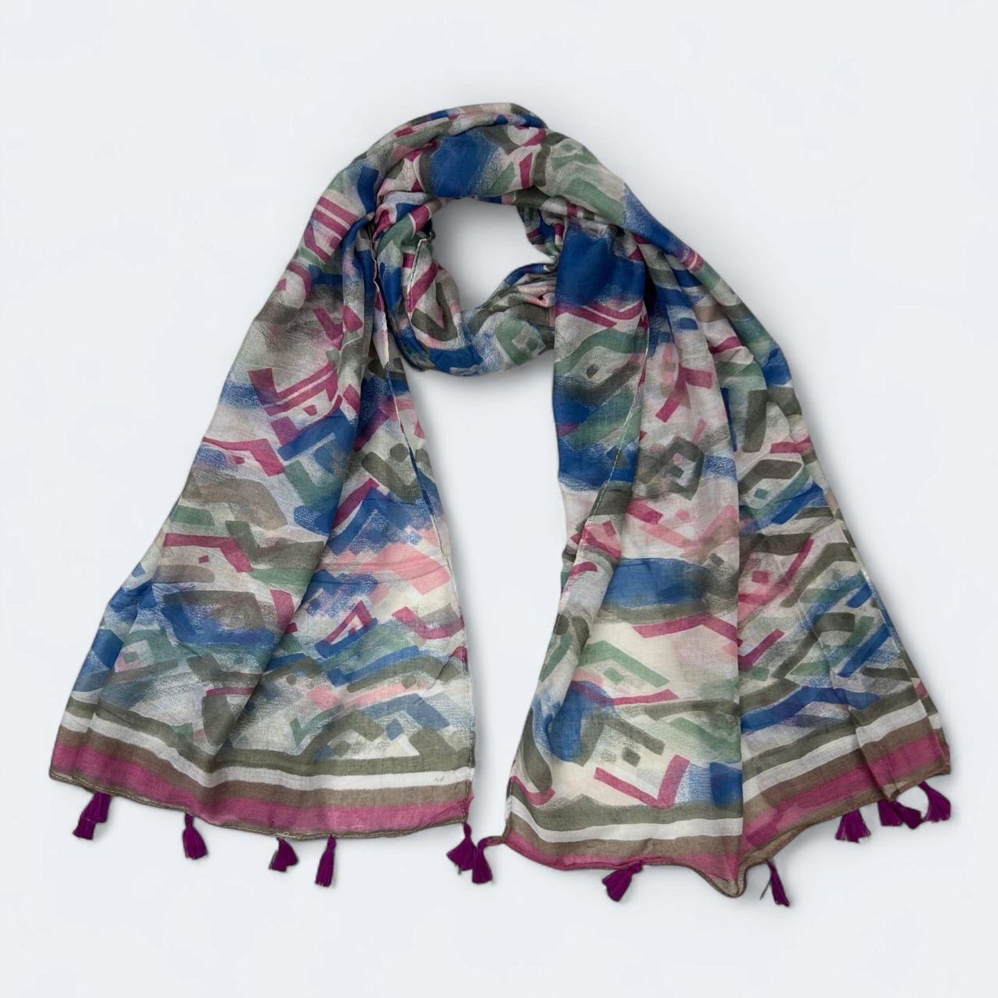 Magenta Blue Shapes Printed Lawn Tassel Hijab