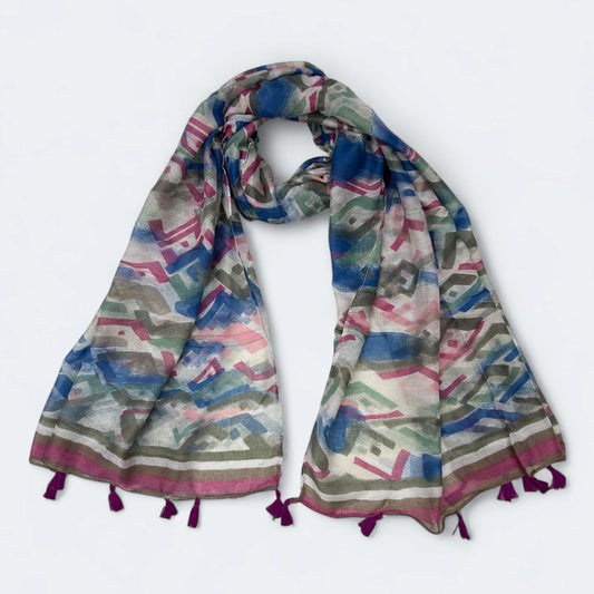 Magenta Blue Shapes Printed Lawn Tassel Hijab