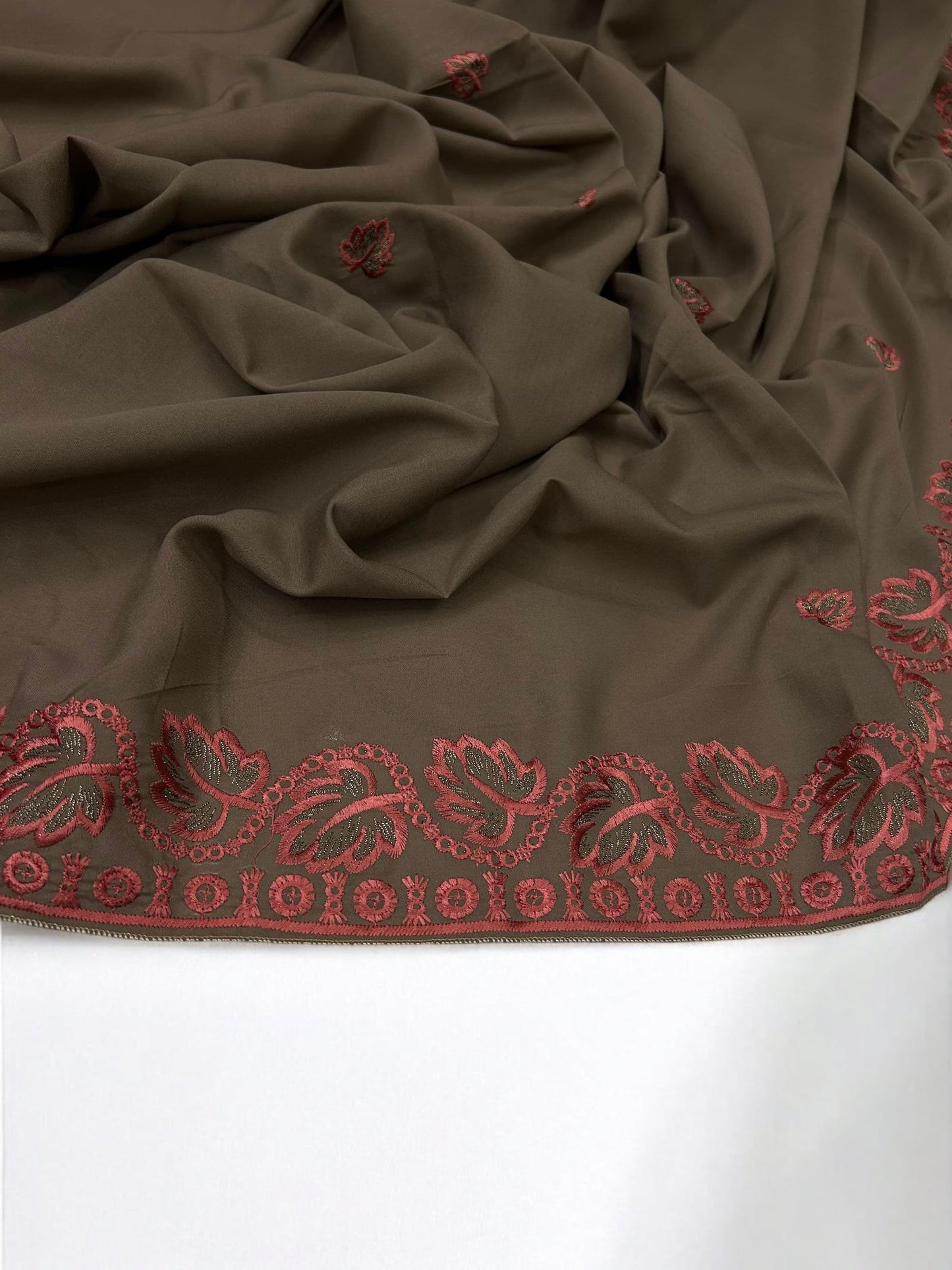 Brown Coral Leaflets Fancy Embroidered Shaal