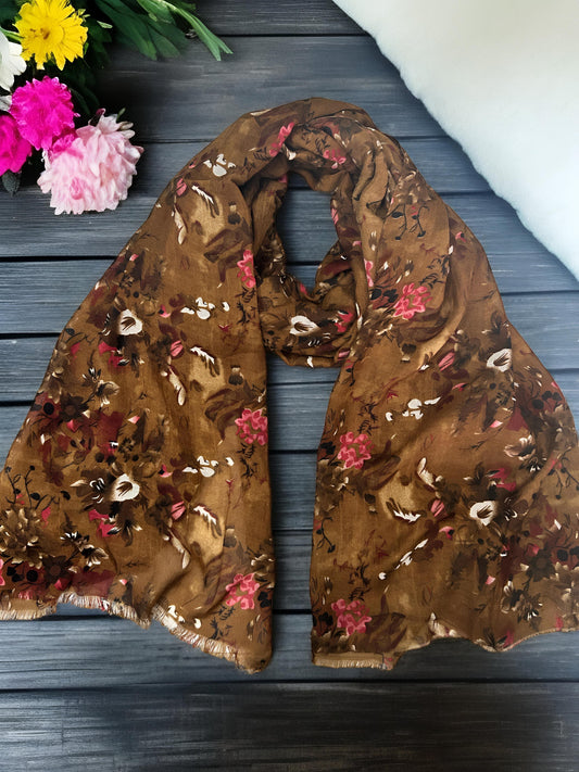 Caramel Brown Floral Printed Modal Hijab
