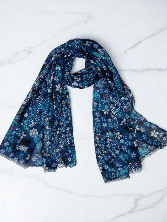 Blue Little Floral Printed Modal Hijab