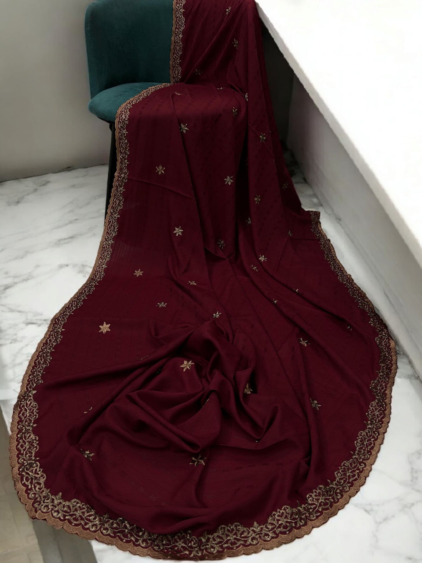 Maroon Rosegold Stars Cutwork Fancy Self Embroidered Shaal