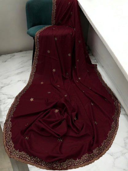 Maroon Rosegold Stars Cutwork Fancy Self Embroidered Shaal