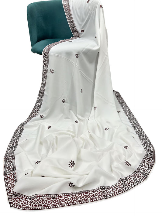 White Brown Embroidered Border Shaal