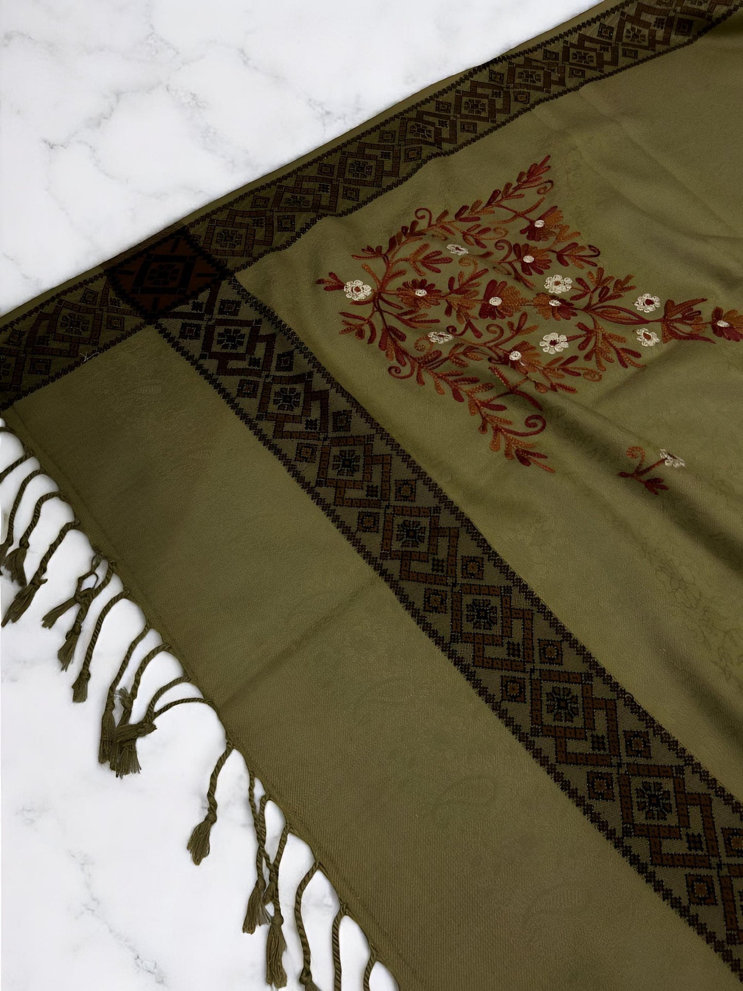 Sandy Blonde Mahogany Border Embroidered Red Floral Pashmina Shawl