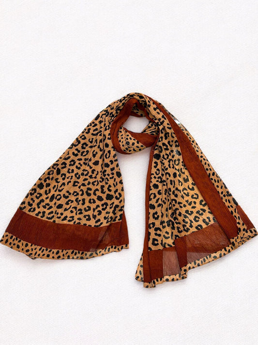 Caramel Brown Plain Border Leopard Printed Pleated Modal Hijab