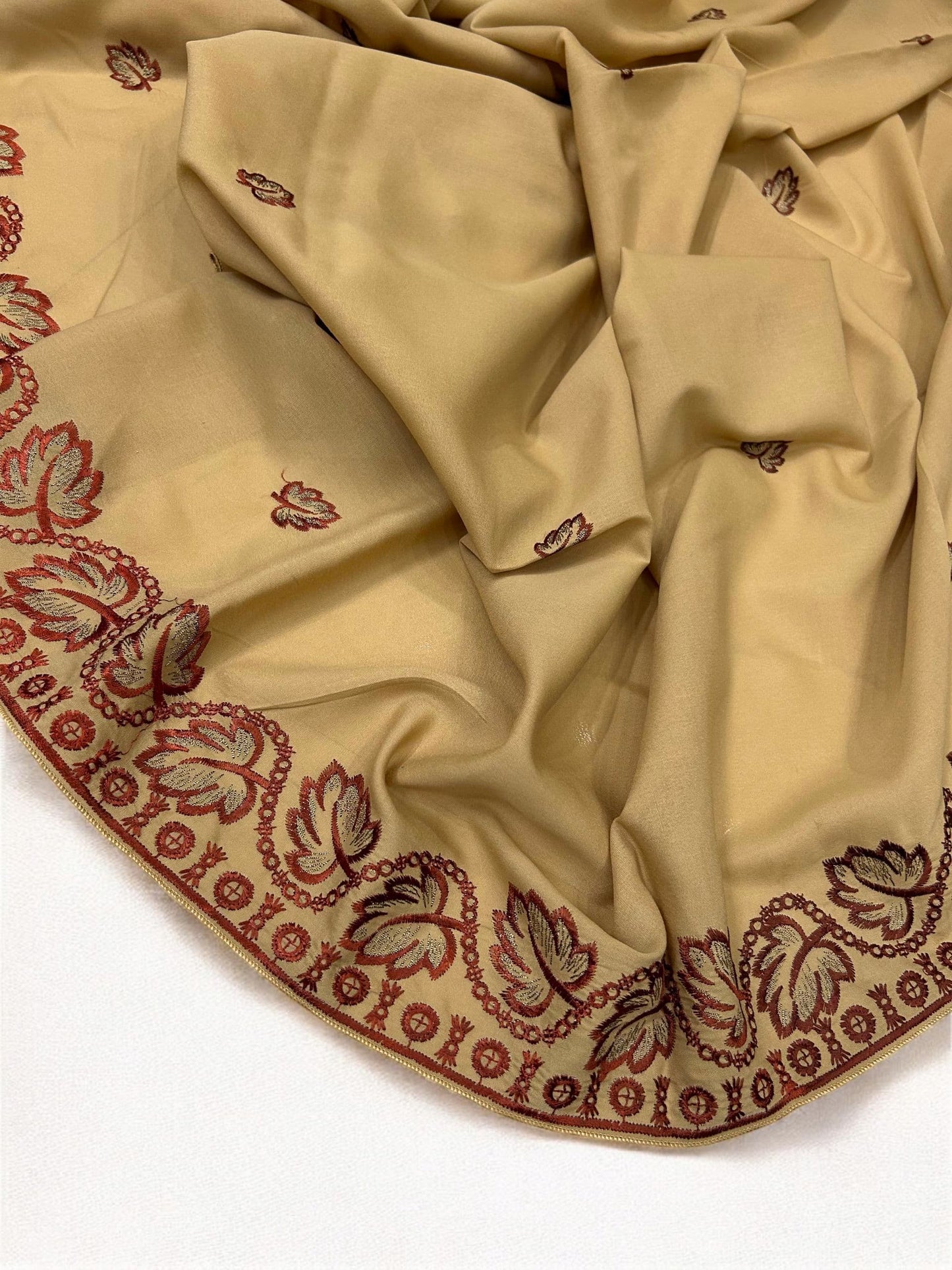 Khaki Red Leaflets Fancy Embroidered Shaal