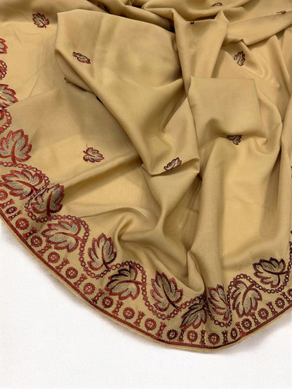 Khaki Red Leaflets Fancy Embroidered Shaal