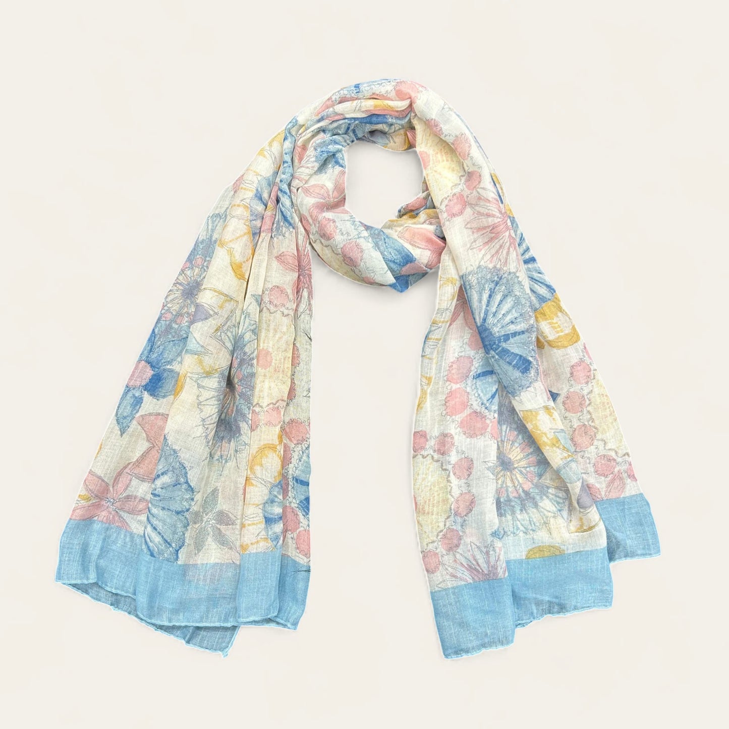 Baby Blue White Floral Printed Modal Hijab