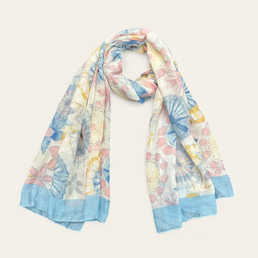 Baby Blue White Floral Printed Modal Hijab
