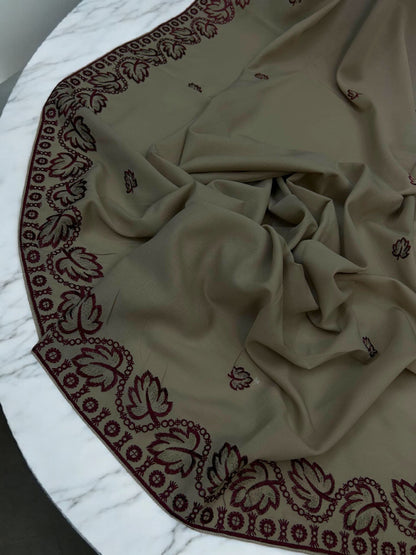 Peanut Brown Maroon Leaflets Fancy Embroidered Shaal