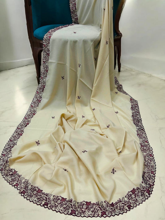 Frost Cream Maroon Cutwork Border Shaal