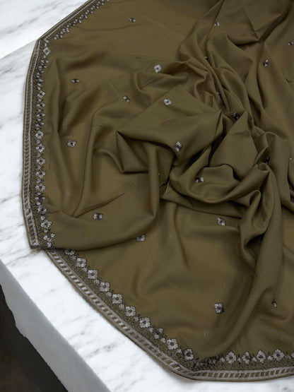 Brown Silver Flowers Threadwork Embroidered Border Shaal