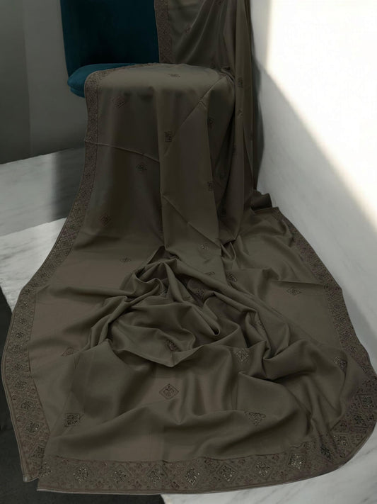 Cedar Brown Squares Threadwork Embroidered Border Shaal