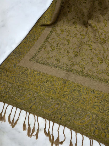 Beige Kelly Green two-tone Paisley Pashmina Hijab