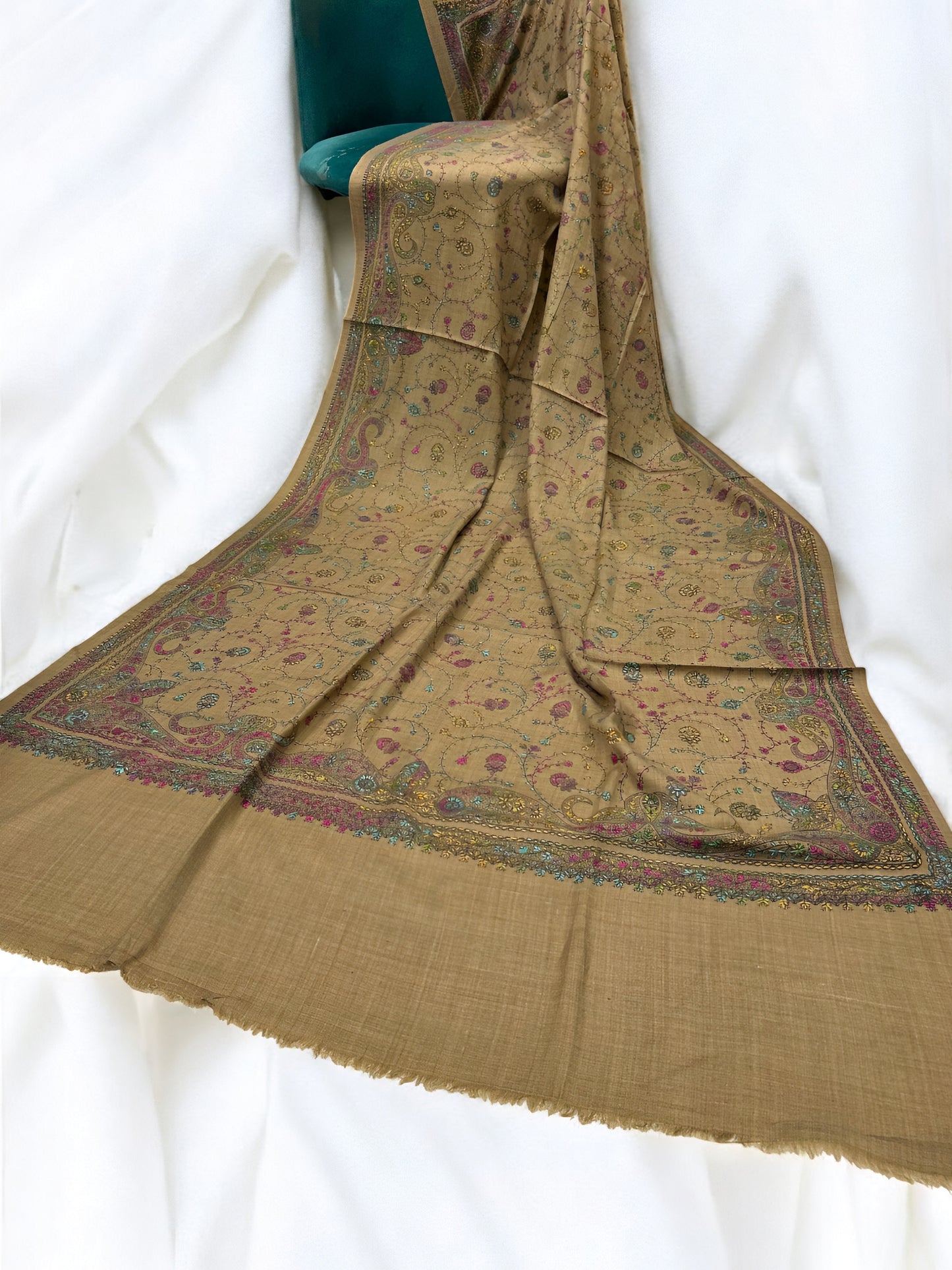Beige Blue Pink Multi - Hand Embroidered Paisley Kashmiri Shawl