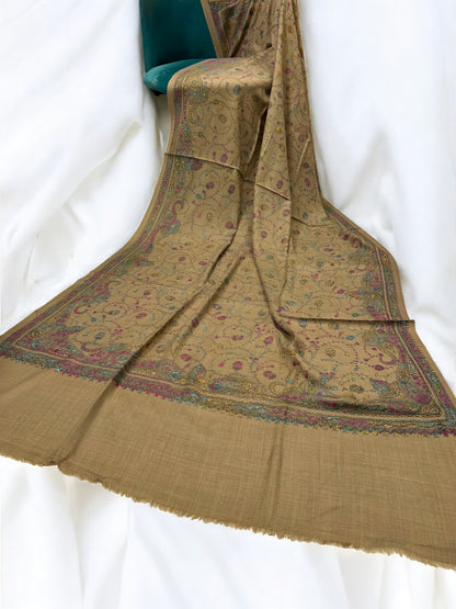 Beige Blue Pink Multi - Hand Embroidered Paisley Kashmiri Shawl