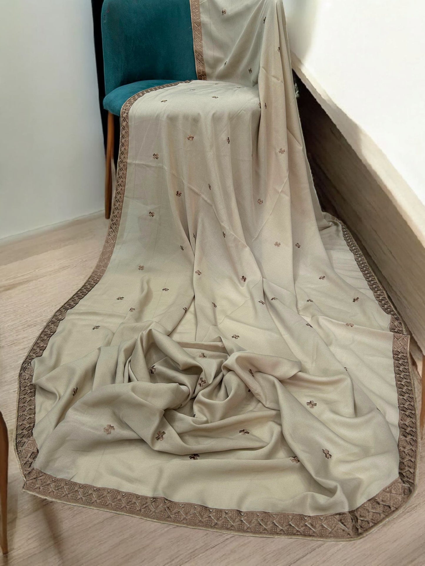 Cream White Caramel Border Embroidered Shaal