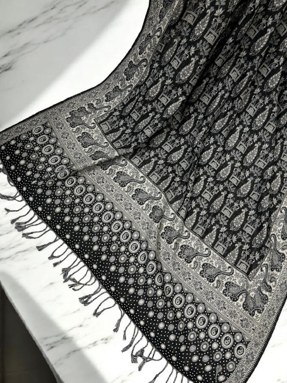Dotted Paisley Pashmina Shawl - Black Silver Ice