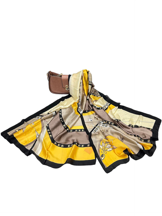 Large Satin Silk Scarf - Yellow Black Striped